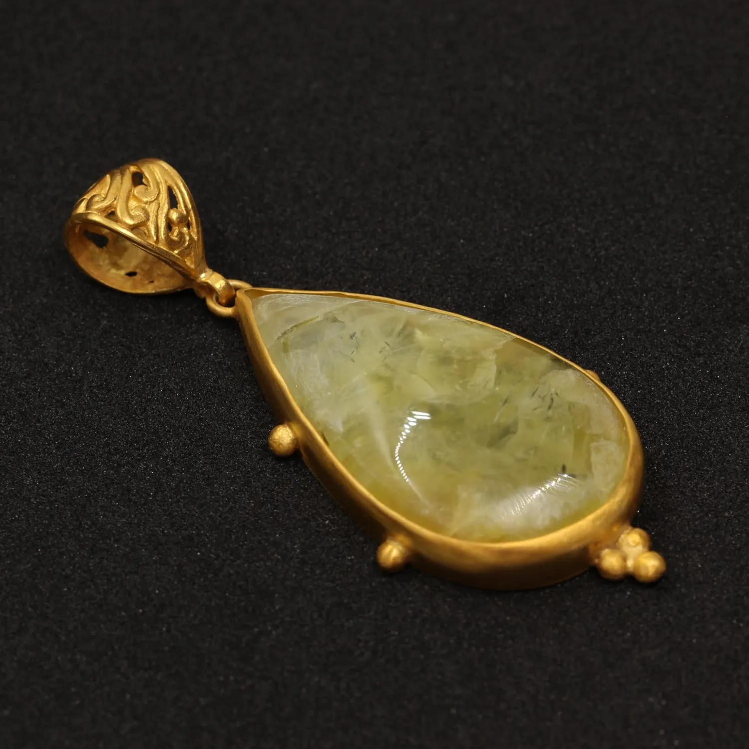 Caprixus 925 Sterling Silver Natural Yellow Prehnite Gemstone Pendant Pear Teardrop Cabochon 24K Yellow Gold Vermeil Handmade Ancient Granulated Designer One of a Kind Unique Turkish Fine Jewelry