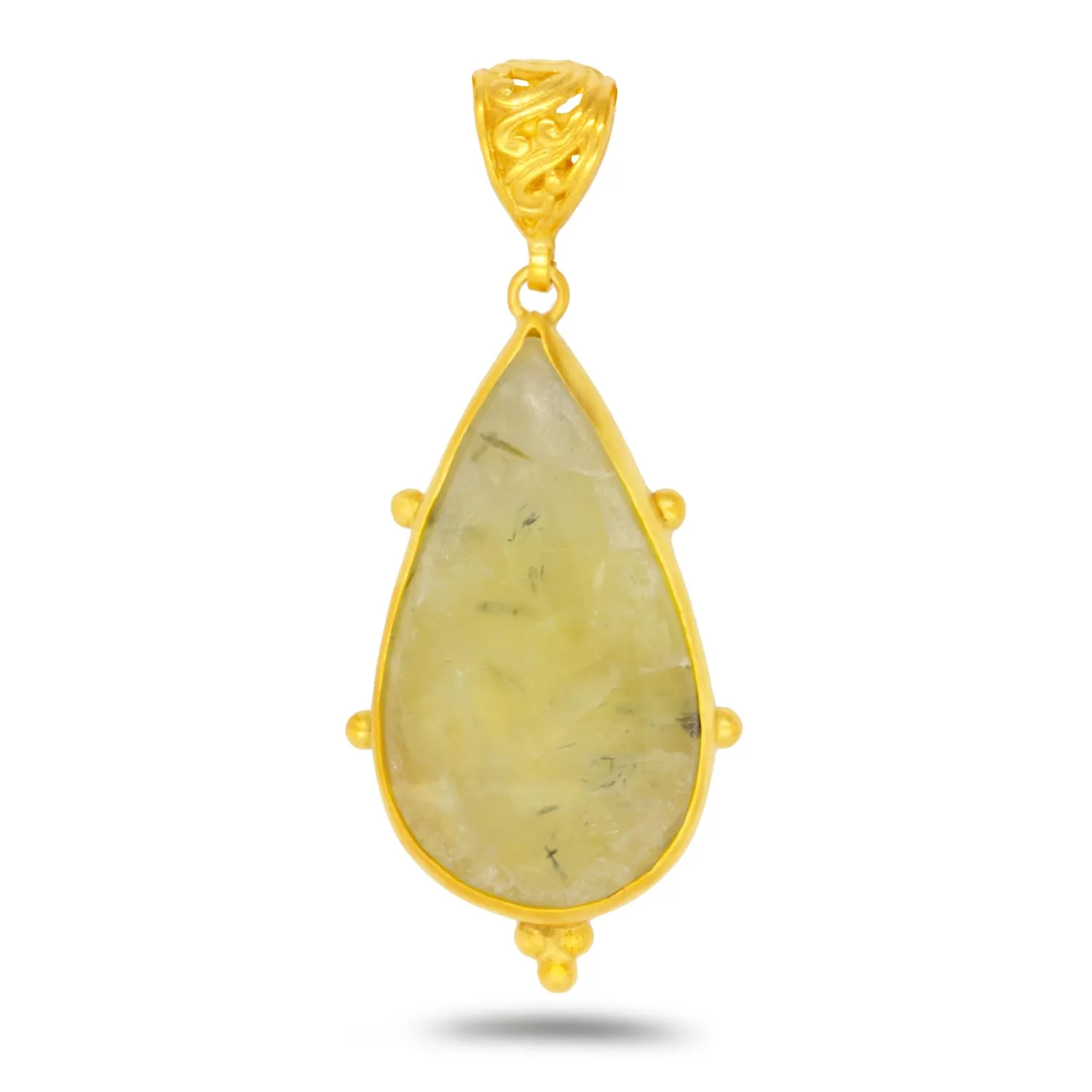 Caprixus 925 Sterling Silver Natural Yellow Prehnite Gemstone Pendant Pear Teardrop Cabochon 24K Yellow Gold Vermeil Handmade Ancient Granulated Designer One of a Kind Unique Turkish Fine Jewelry