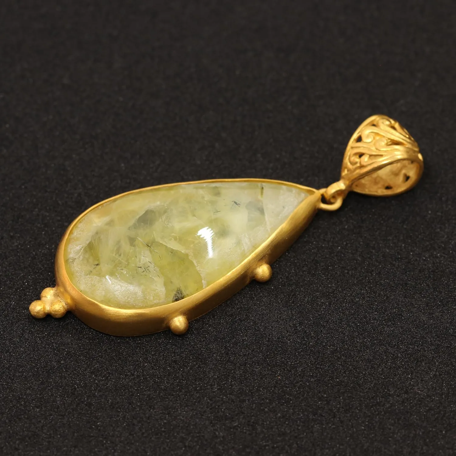 Caprixus 925 Sterling Silver Natural Yellow Prehnite Gemstone Pendant Pear Teardrop Cabochon 24K Yellow Gold Vermeil Handmade Ancient Granulated Designer One of a Kind Unique Turkish Fine Jewelry