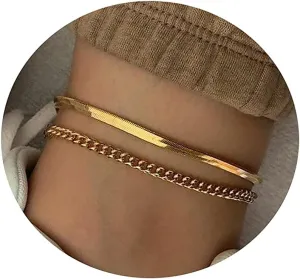 CAROVO 14K Gold Filled Dainty 2 Layered Flat Snake Cuban Chain Link Ankle Bracelets for Women Boho Cute Summer Beach Gold Chain Anklet Adjustable Foot Everyday Jewelry for Women