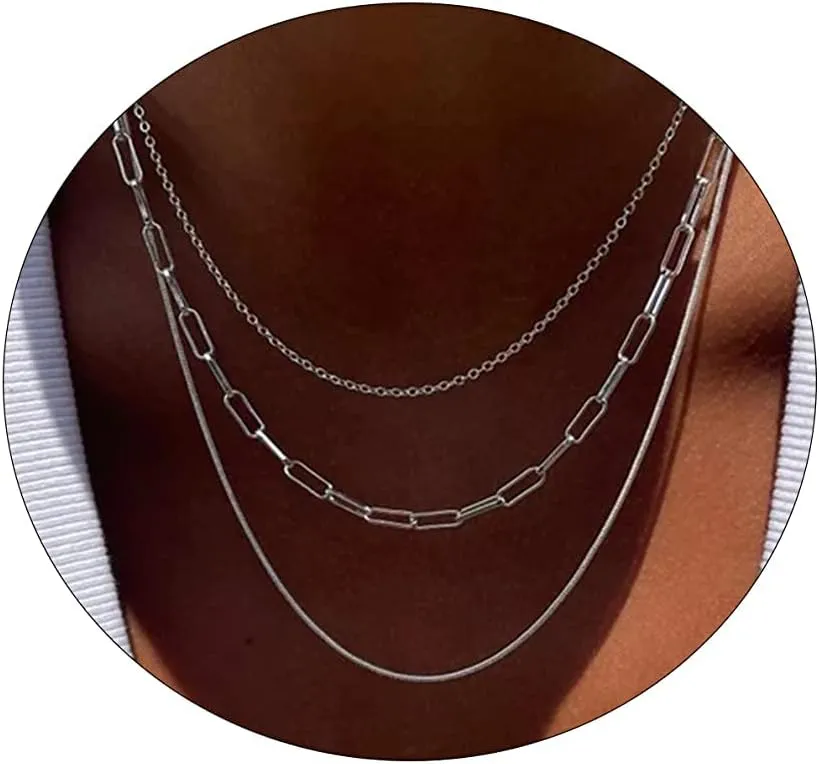 CAROVO Dainty Gold Necklace for Women 14K Plated Layered Chain Necklaces Trible Layering Paper Clip Chain Hammered Disc Link Necklace Shiny Twisted Rope Chain Necklace Jewelry