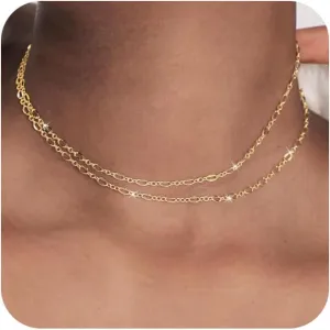 CAROVO Gold Choker Necklace for Women 14k Gold Plated Cute Mini Layered Lip Chain Necklaces Tiny Delicate Circle Coin Shining Dot Paper Clip Necklace Jewelry Gifts for Women