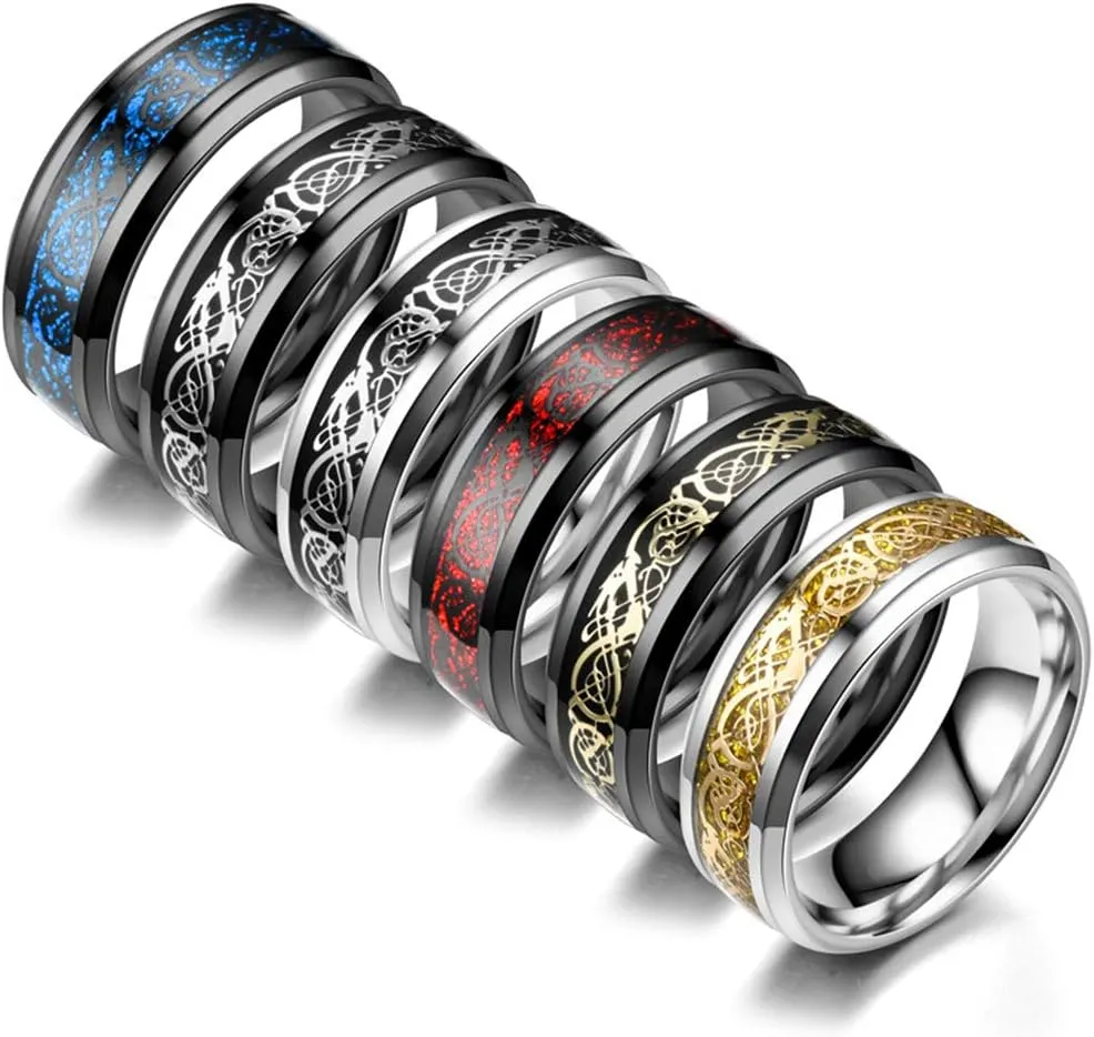 CASDAN 6Pcs 8mm Stainless Steel Rings for Men Celtic Dragon Beveled Edges Celtic Black Rings Carbide Wedding Band Ring Set, Size 7-12