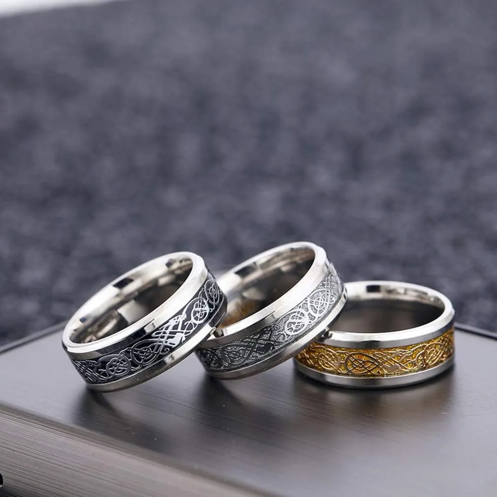 CASDAN 6Pcs 8mm Stainless Steel Rings for Men Celtic Dragon Beveled Edges Celtic Black Rings Carbide Wedding Band Ring Set, Size 7-12