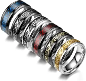 CASDAN 6Pcs 8mm Stainless Steel Rings for Men Celtic Dragon Beveled Edges Celtic Black Rings Carbide Wedding Band Ring Set, Size 7-12