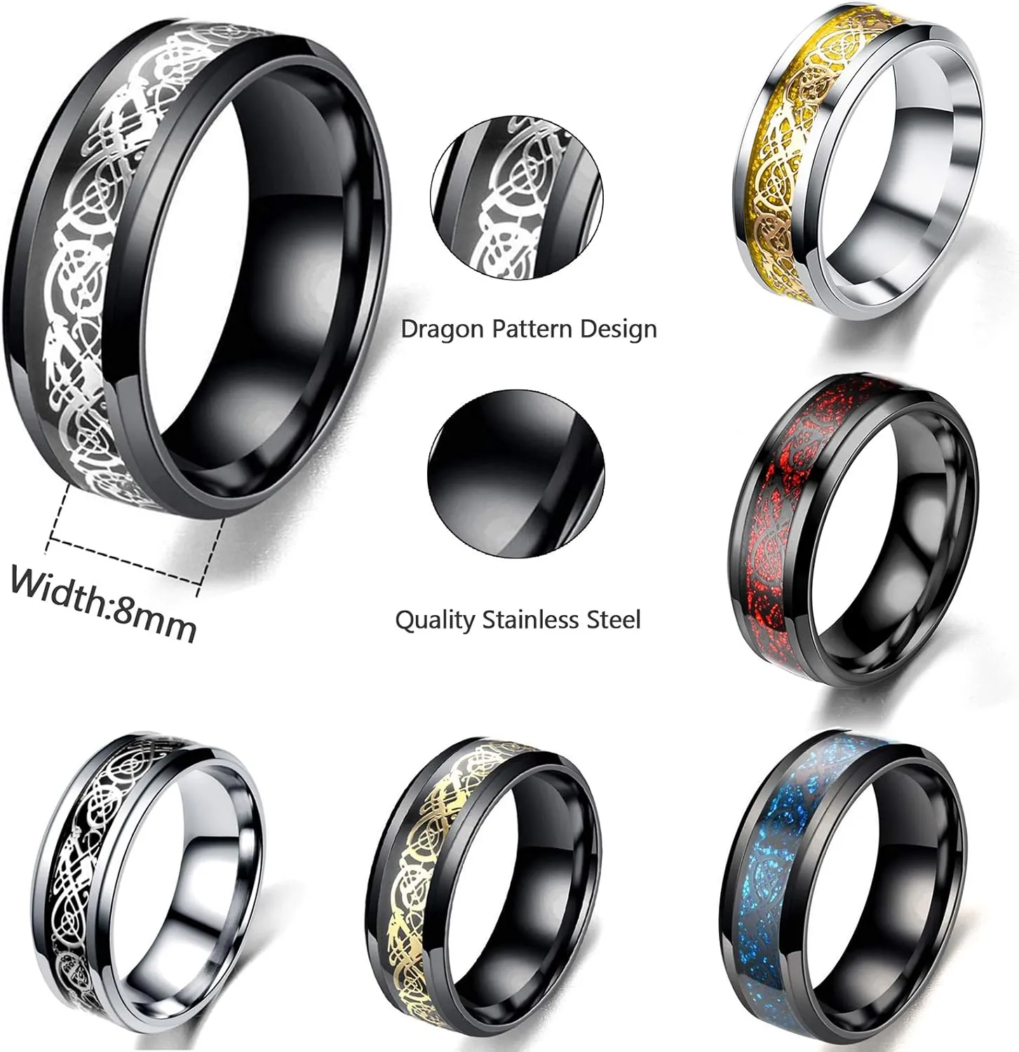 CASDAN 6Pcs 8mm Stainless Steel Rings for Men Celtic Dragon Beveled Edges Celtic Black Rings Carbide Wedding Band Ring Set, Size 7-12