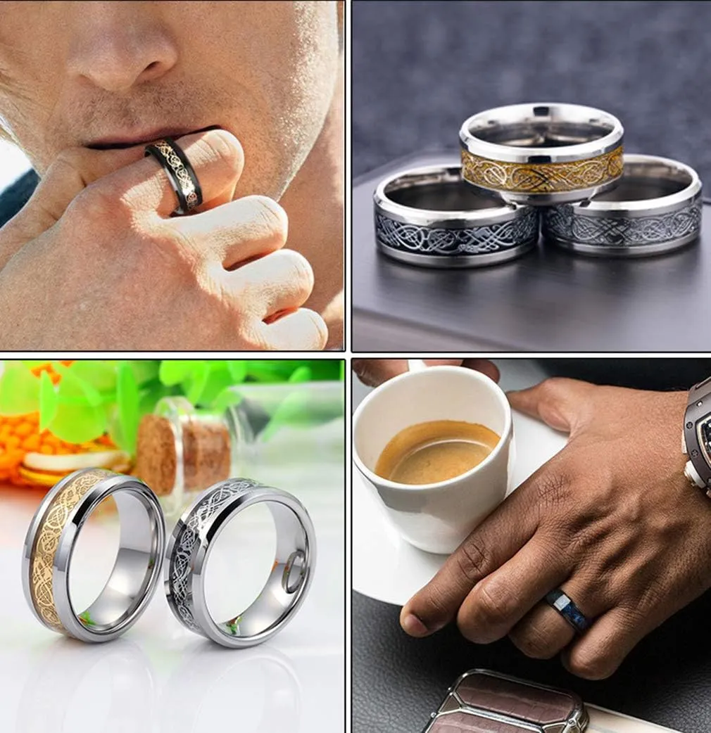CASDAN 6Pcs 8mm Stainless Steel Rings for Men Celtic Dragon Beveled Edges Celtic Black Rings Carbide Wedding Band Ring Set, Size 7-12