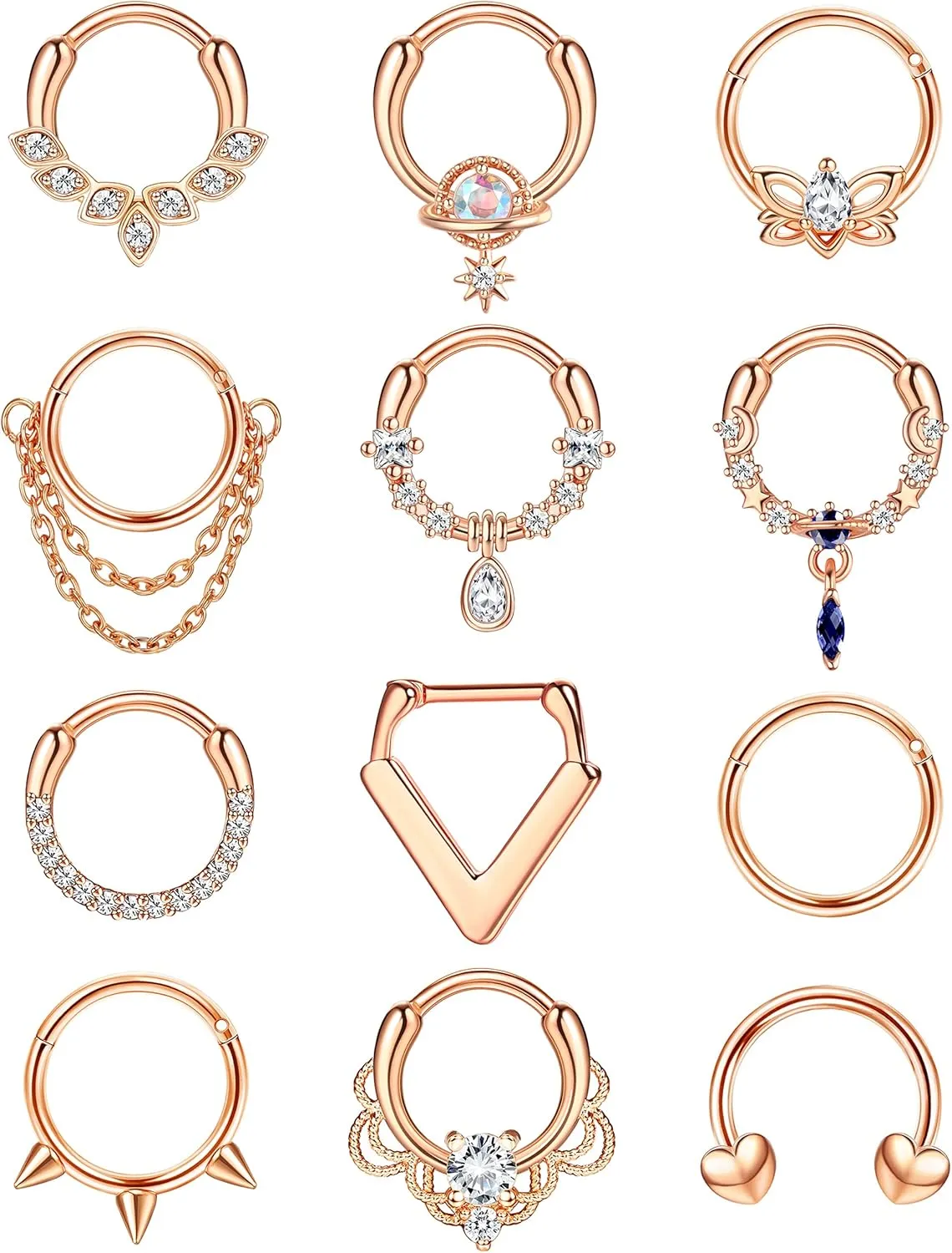CASSIECA 16G Septum Rings Surgical Steel Hinged Nose Rings Hoop CZ Horseshoe Cartilage Helix Tragus Daith Piercing Jewelry