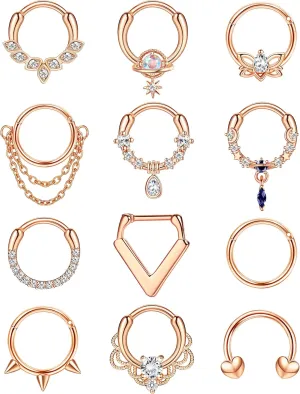 CASSIECA 16G Septum Rings Surgical Steel Hinged Nose Rings Hoop CZ Horseshoe Cartilage Helix Tragus Daith Piercing Jewelry