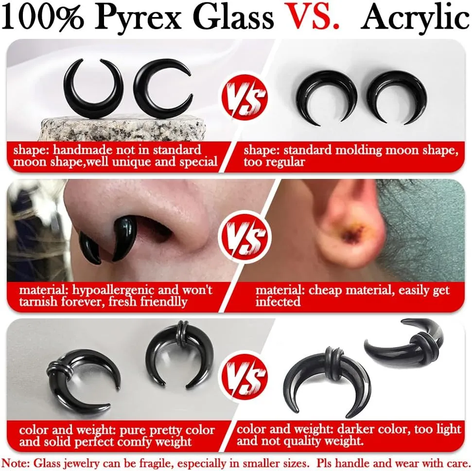 Casvort 3 PCS 14G-0G Cozy Glass Septum Stretching Kits Pincher Taper with O-Rings Buffalo Septum Retainers Hypoallergenic Fresh Stretch Body Piercing Retainers Ear Hangers