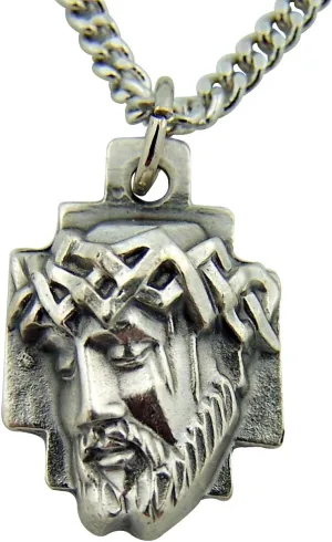 CB Silver Toned Base Crown of Thorns Head of Jesus Christ Cross Medal, 1 Inch