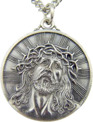 CB Silver Toned Base Thorn Crown ECCE Homo Sorrowful Jesus Christ Head Medal, 1 1/8 Inch