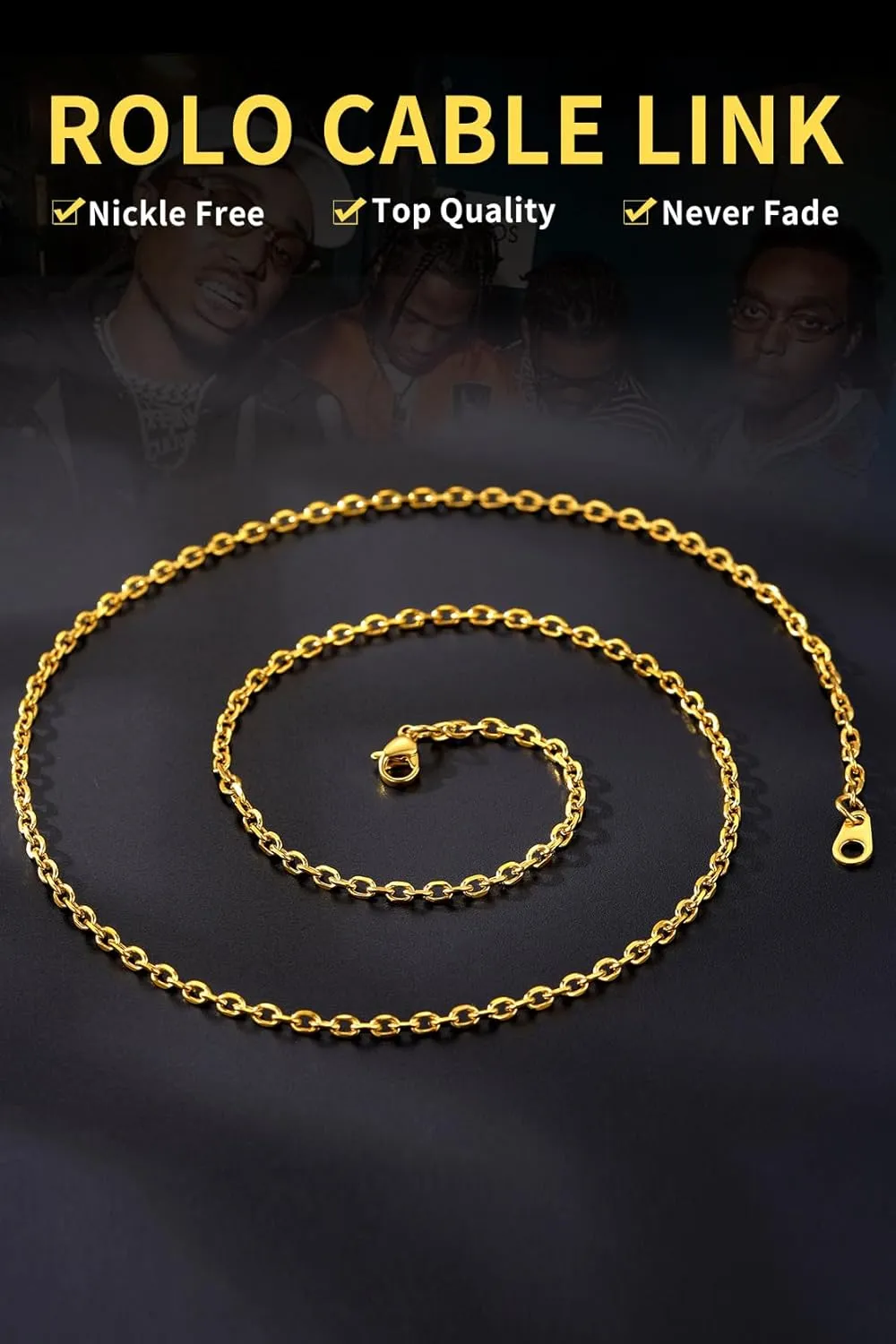 ChainsHouse Stainless Steel Cable Chain Necklaces for Men Women, 3mm/5mm/7mm/9mm/12mm 18K Gold/Black Plated Mens Cable Link Chains, 18"-30" Length - Send Gift Box