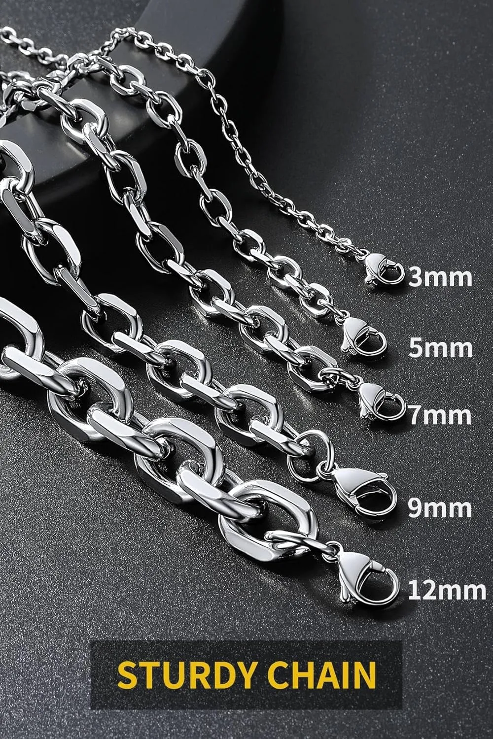 ChainsHouse Stainless Steel Cable Chain Necklaces for Men Women, 3mm/5mm/7mm/9mm/12mm 18K Gold/Black Plated Mens Cable Link Chains, 18"-30" Length - Send Gift Box
