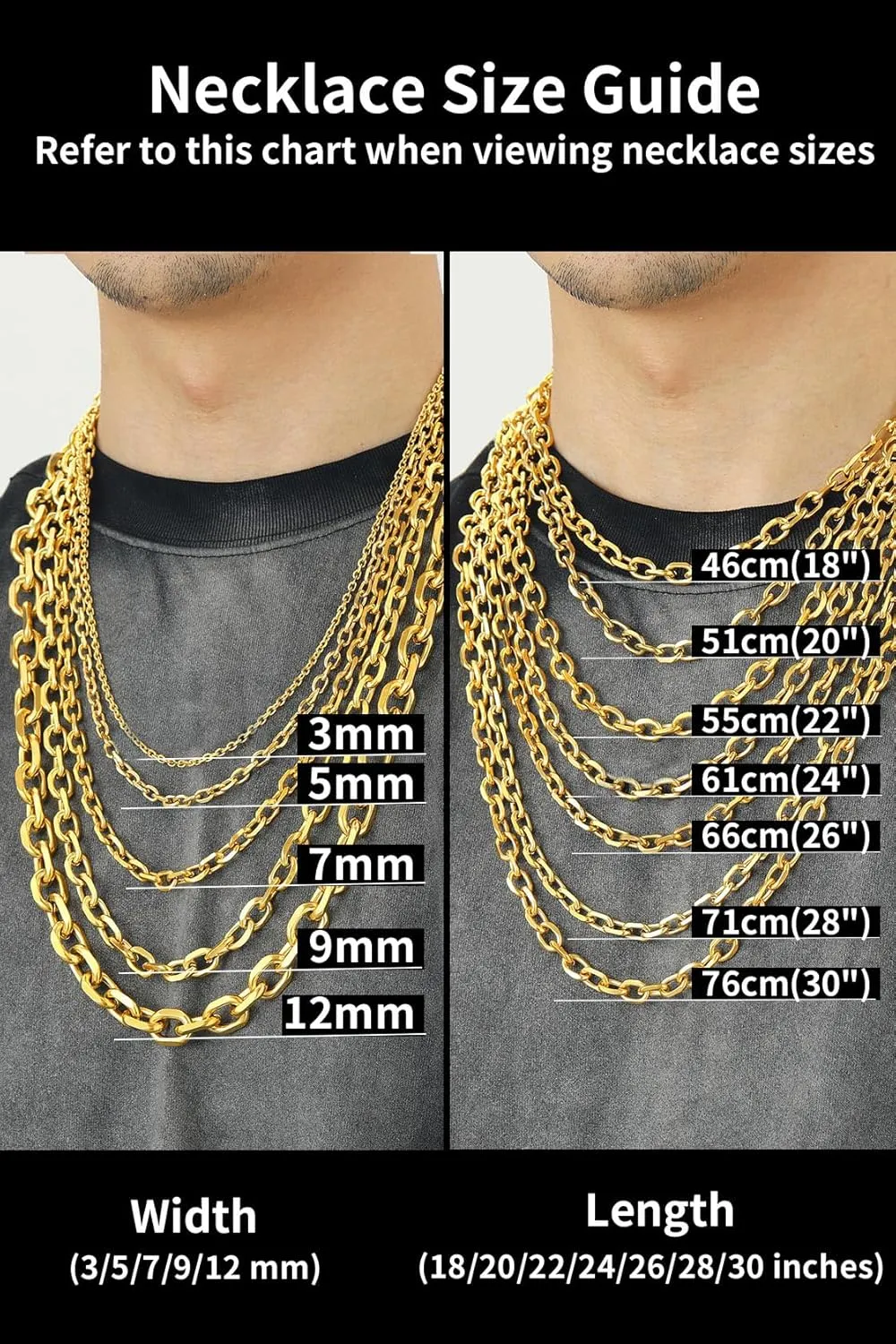ChainsHouse Stainless Steel Cable Chain Necklaces for Men Women, 3mm/5mm/7mm/9mm/12mm 18K Gold/Black Plated Mens Cable Link Chains, 18"-30" Length - Send Gift Box