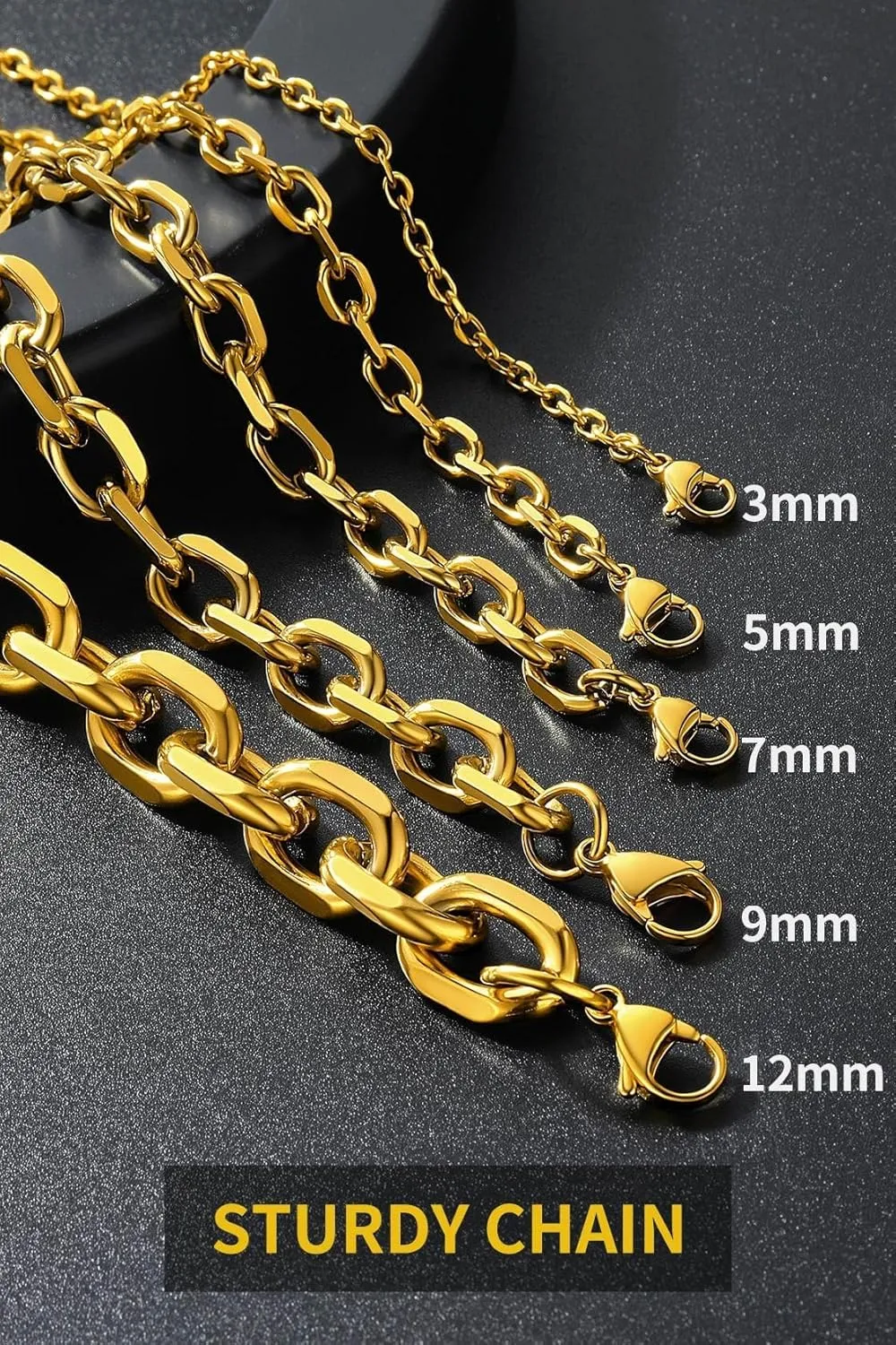 ChainsHouse Stainless Steel Cable Chain Necklaces for Men Women, 3mm/5mm/7mm/9mm/12mm 18K Gold/Black Plated Mens Cable Link Chains, 18"-30" Length - Send Gift Box