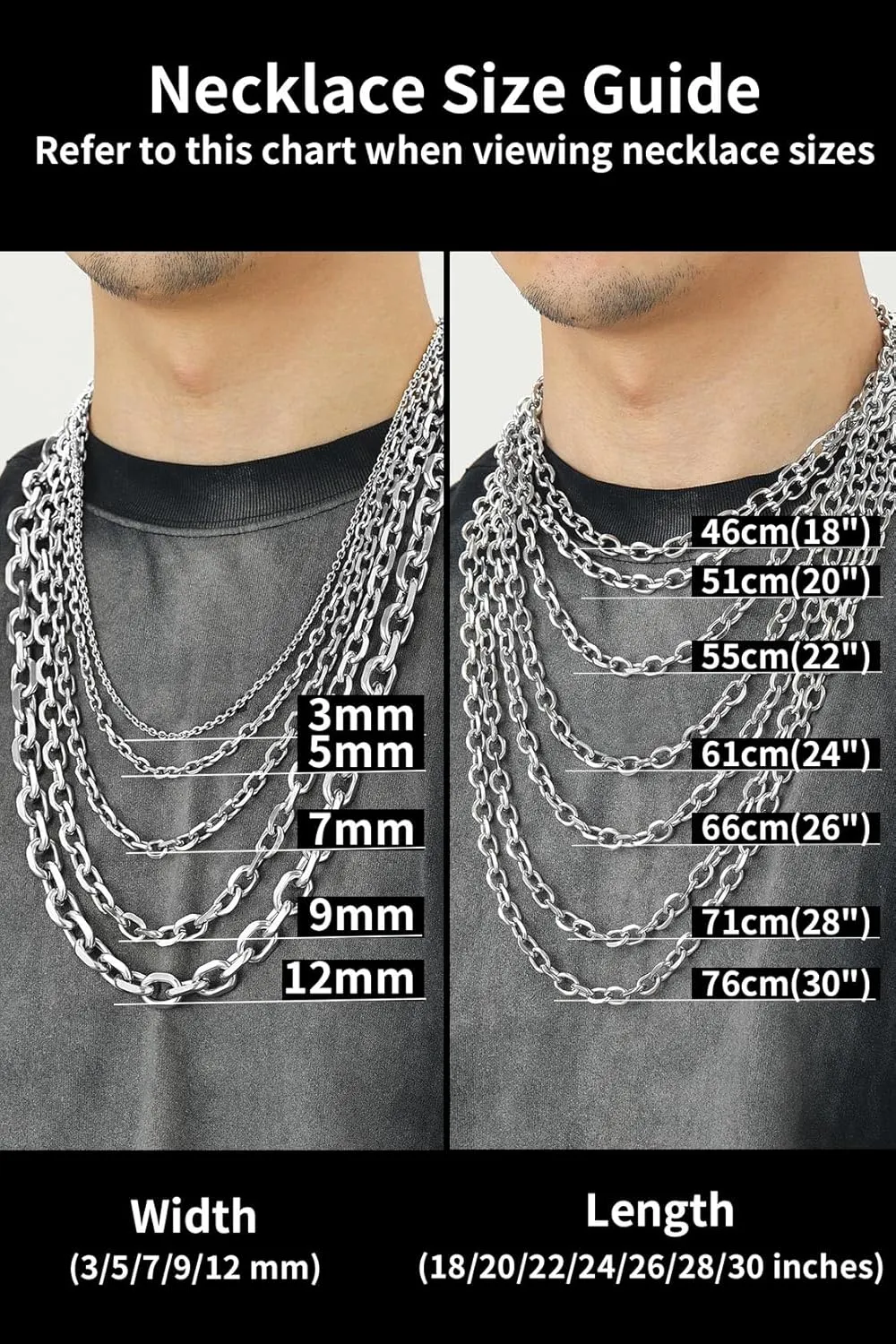 ChainsHouse Stainless Steel Cable Chain Necklaces for Men Women, 3mm/5mm/7mm/9mm/12mm 18K Gold/Black Plated Mens Cable Link Chains, 18"-30" Length - Send Gift Box