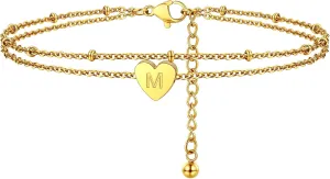 ChainsProMax Gold Plated Heart Anklet, Summer Beach Foot Chain, A to Z Initial Ankle Bracelet, Adjustable-Send Gift Box