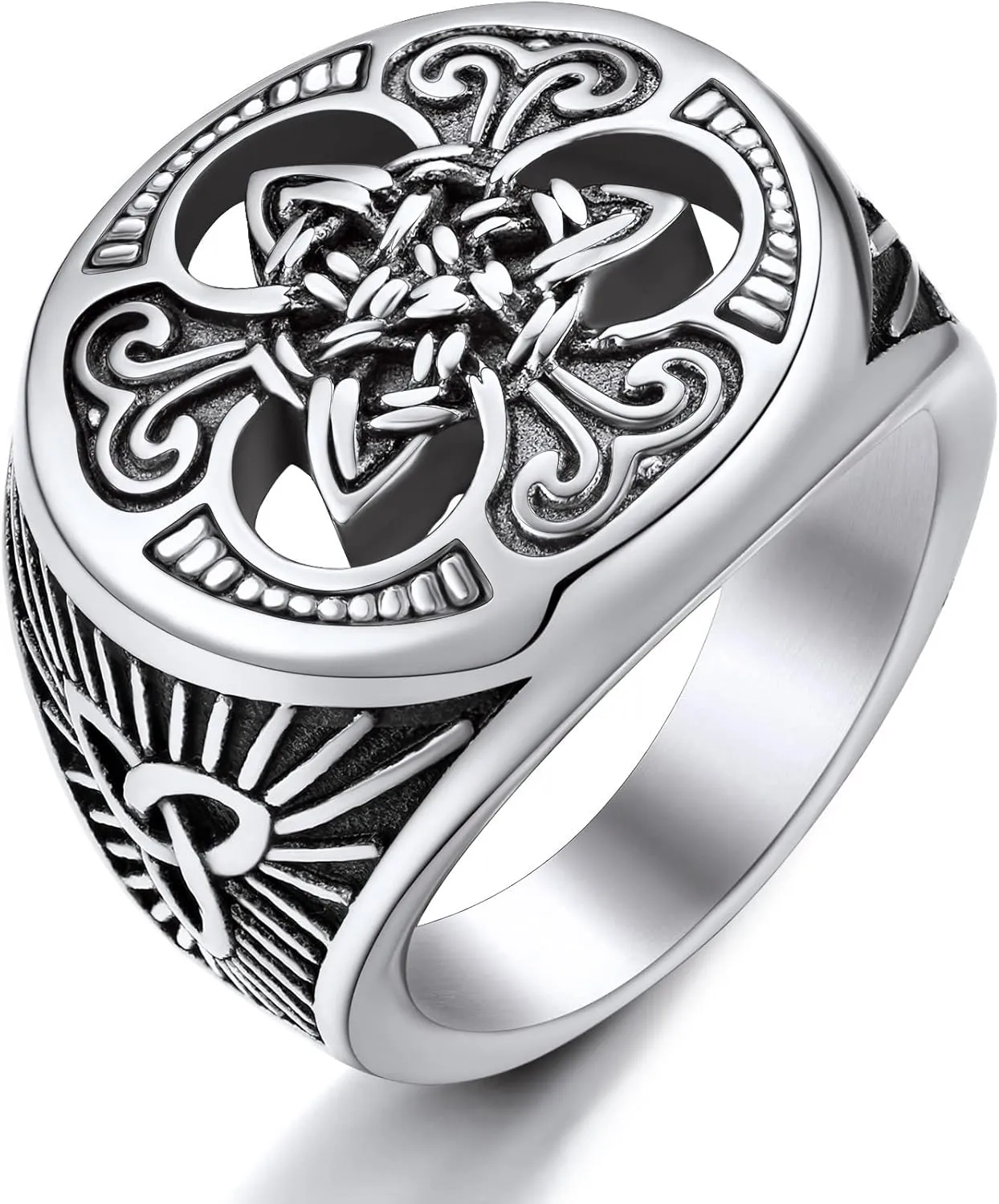 ChainsProMax Solid Viking Celtic/Nautical Compass/Thor's Hammer Ring, Can Engrave, Size#07-#14 Norse Rune Spirit Rings, Stainless Steel/Black-Send Gift Box