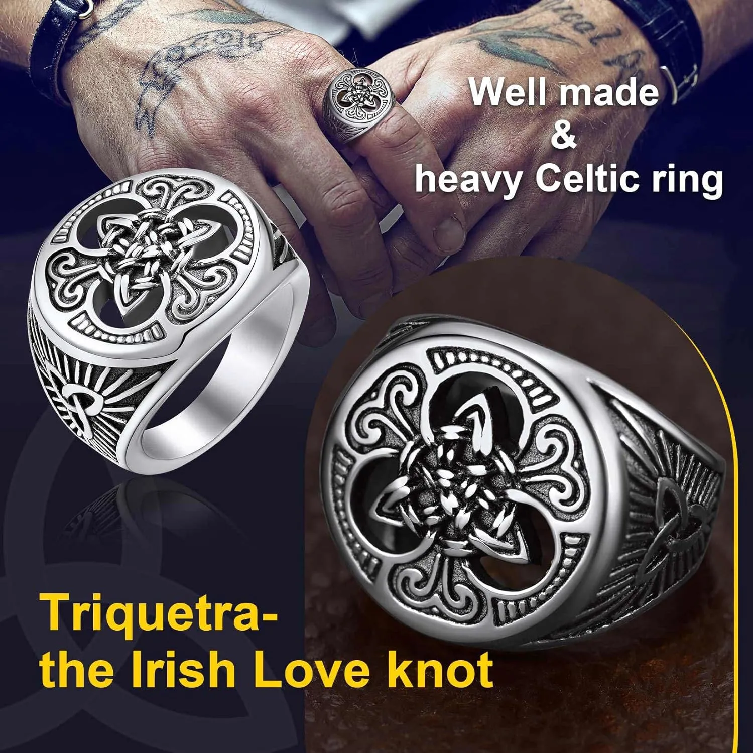 ChainsProMax Solid Viking Celtic/Nautical Compass/Thor's Hammer Ring, Can Engrave, Size#07-#14 Norse Rune Spirit Rings, Stainless Steel/Black-Send Gift Box