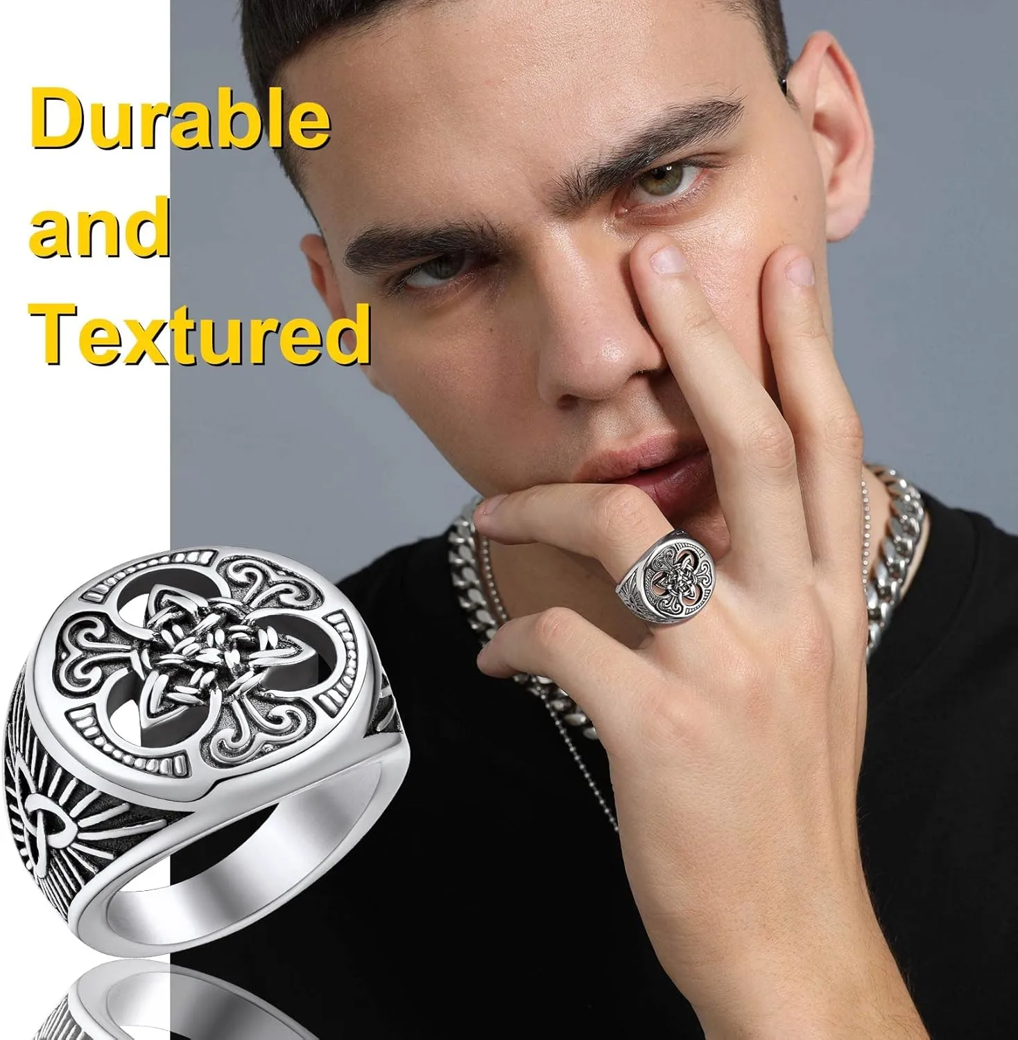 ChainsProMax Solid Viking Celtic/Nautical Compass/Thor's Hammer Ring, Can Engrave, Size#07-#14 Norse Rune Spirit Rings, Stainless Steel/Black-Send Gift Box