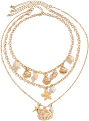 Charm Shell Necklace for Women Ocean Layered Summer Beach Jewelry Gold Plated Stackable Chain Boho Starfish & Pearl Gift