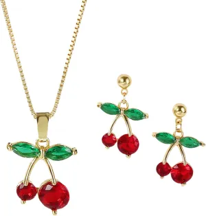 Cherry Necklace Set Red Cherry Drop Dangle Earrings Set Sparkly Cherry Pendant Necklace Imitation Fruit Pendant Necklaces Jewellery Suit