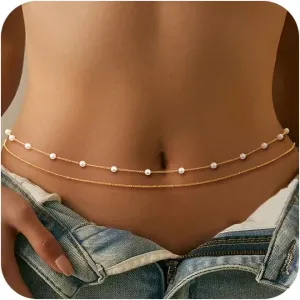 CHESKY Gold Waist Chain, 14K Gold Plated Belly Chain Adjustable Waterproof Body Chain Sexy Bikini Waist Beads for Women Satellite Beads Diamond Pearl Coin Chain Dainty Body Chain Jewelry for Women