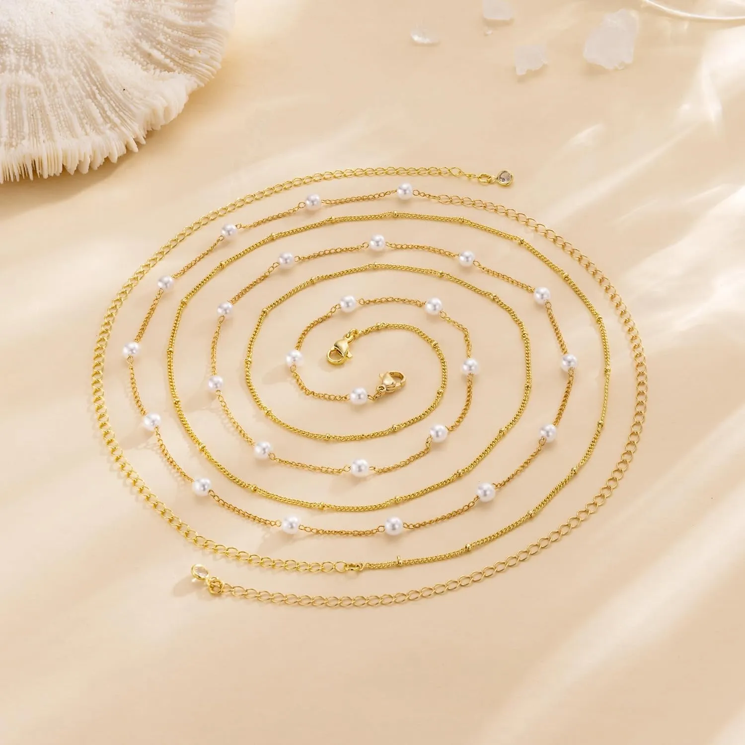 CHESKY Gold Waist Chain, 14K Gold Plated Belly Chain Adjustable Waterproof Body Chain Sexy Bikini Waist Beads for Women Satellite Beads Diamond Pearl Coin Chain Dainty Body Chain Jewelry for Women