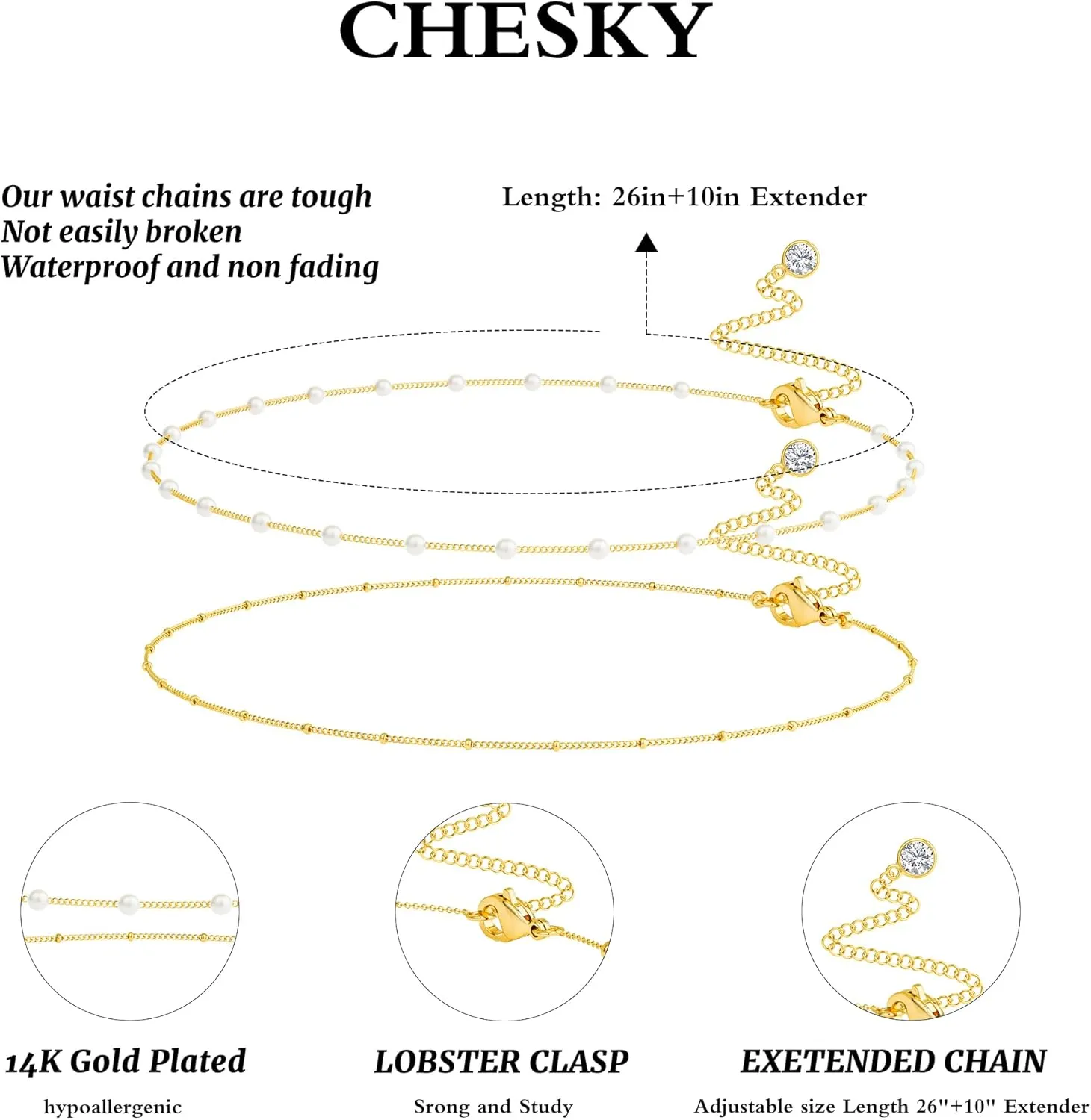 CHESKY Gold Waist Chain, 14K Gold Plated Belly Chain Adjustable Waterproof Body Chain Sexy Bikini Waist Beads for Women Satellite Beads Diamond Pearl Coin Chain Dainty Body Chain Jewelry for Women