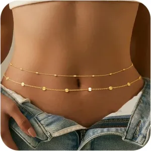 CHESKY Gold Waist Chain for Women, 14K Gold Plated Layered Belly Chain for The Waist Adjustable Waterproof Sexy Bikini Satellite Beads Chain Summer Non Tarnish Body Chain Jewelry Gifts for Women