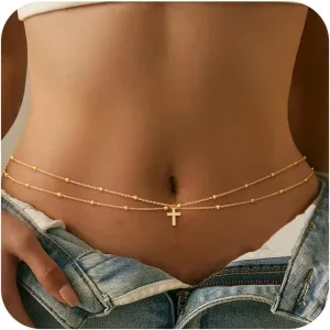 CHESKY Gold Waist Chain for Women, 14K Gold Plated Layered Belly Chain for The Waist Adjustable Waterproof Sexy Bikini Satellite Beads Chain Summer Non Tarnish Body Chain Jewelry Gifts for Women