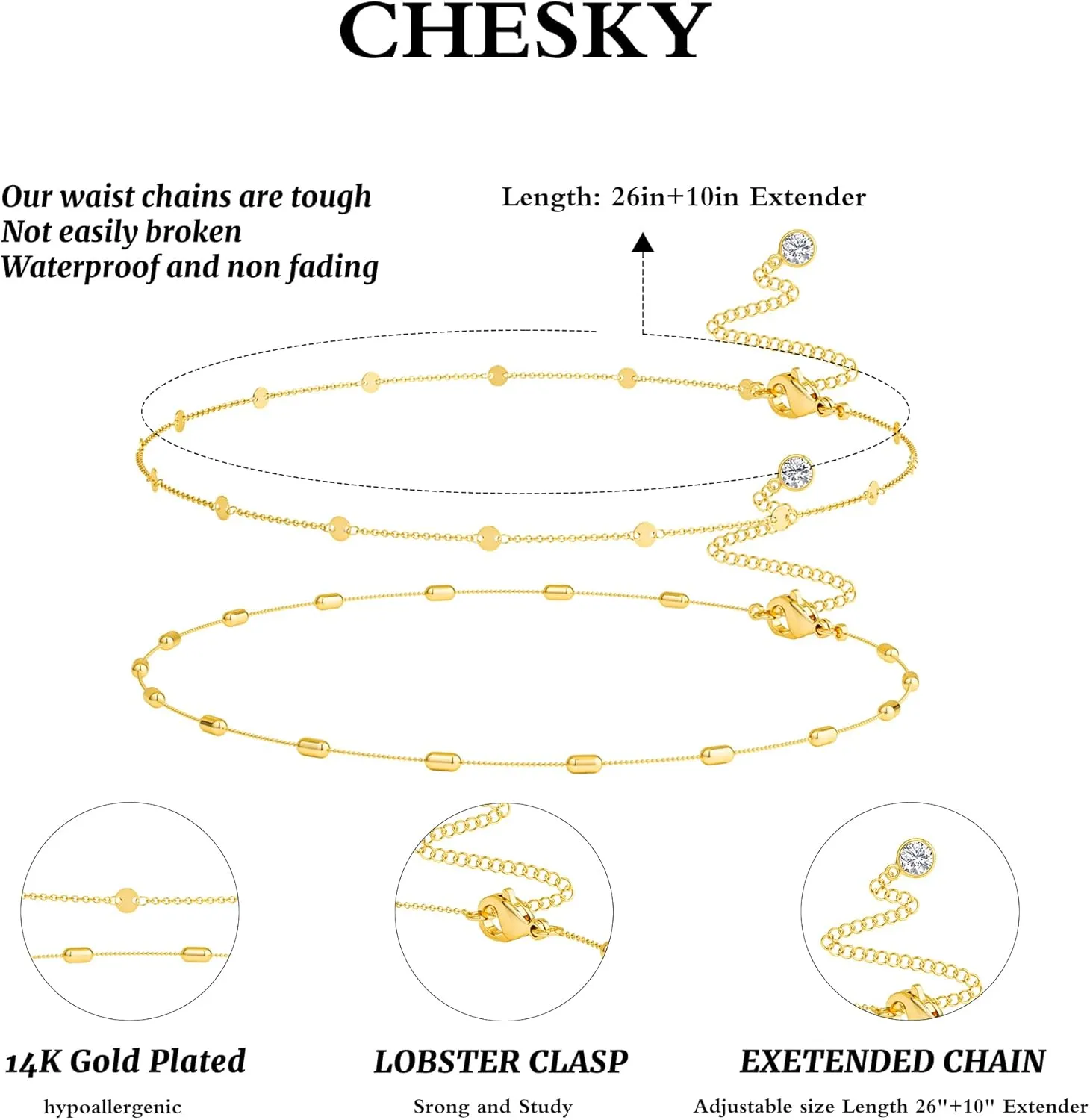 CHESKY Gold Waist Chain for Women, 14K Gold Plated Layered Belly Chain for The Waist Adjustable Waterproof Sexy Bikini Satellite Beads Chain Summer Non Tarnish Body Chain Jewelry Gifts for Women