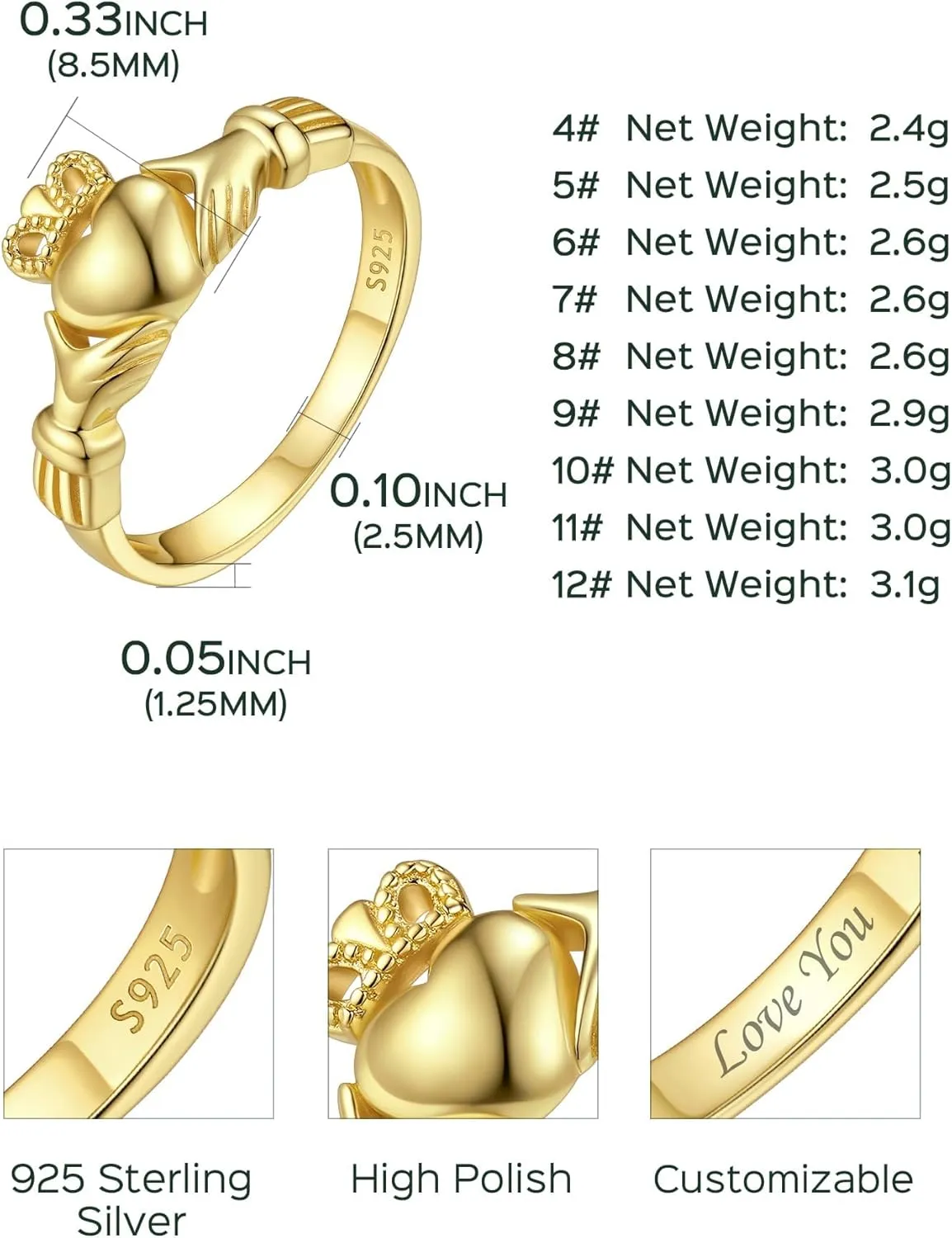 ChicSilver 925 Sterling Silver Claddagh/Triquetra Celtic Knot Promise Ring Size 4-12(Withe Gift Box)