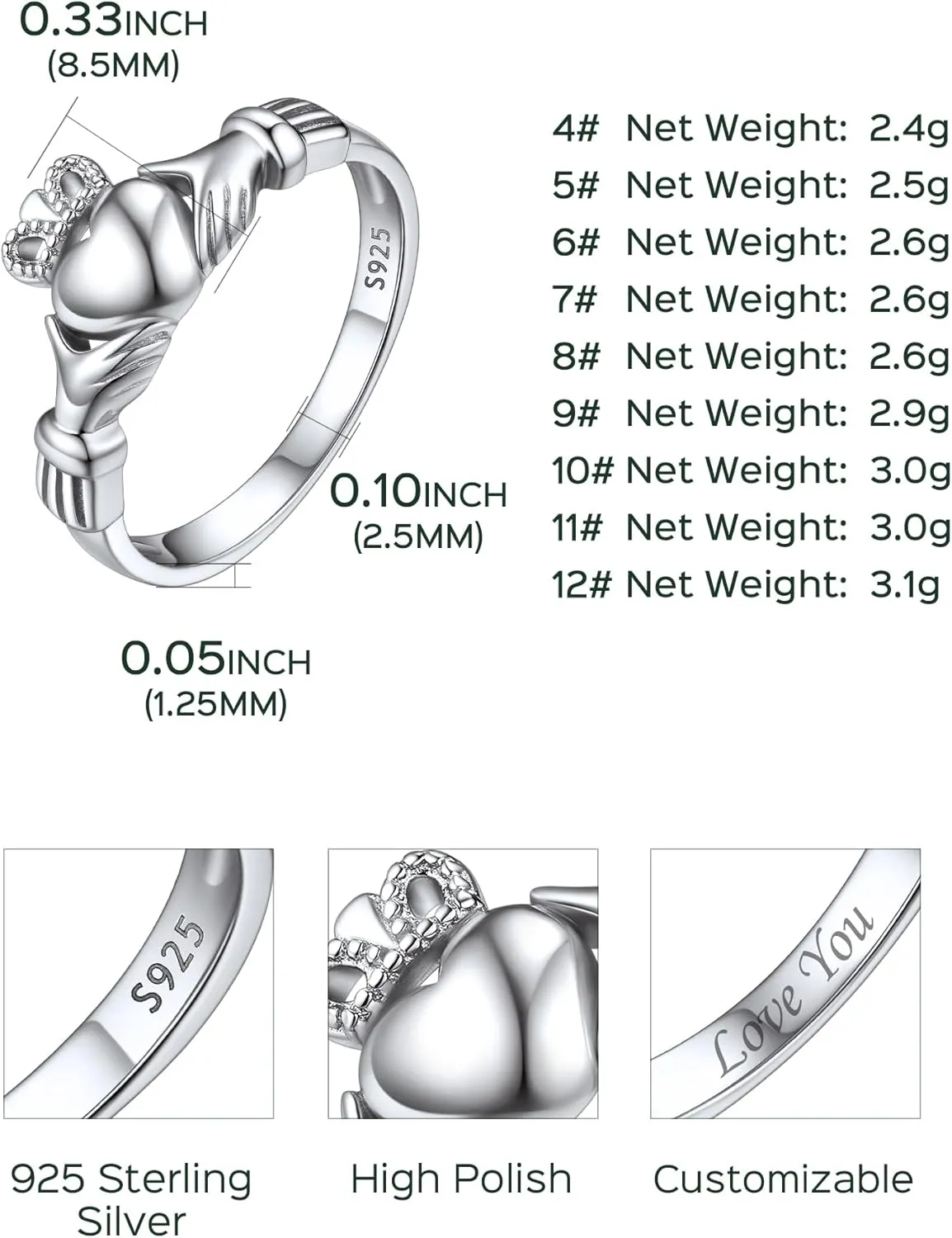 ChicSilver 925 Sterling Silver Claddagh/Triquetra Celtic Knot Promise Ring Size 4-12(Withe Gift Box)