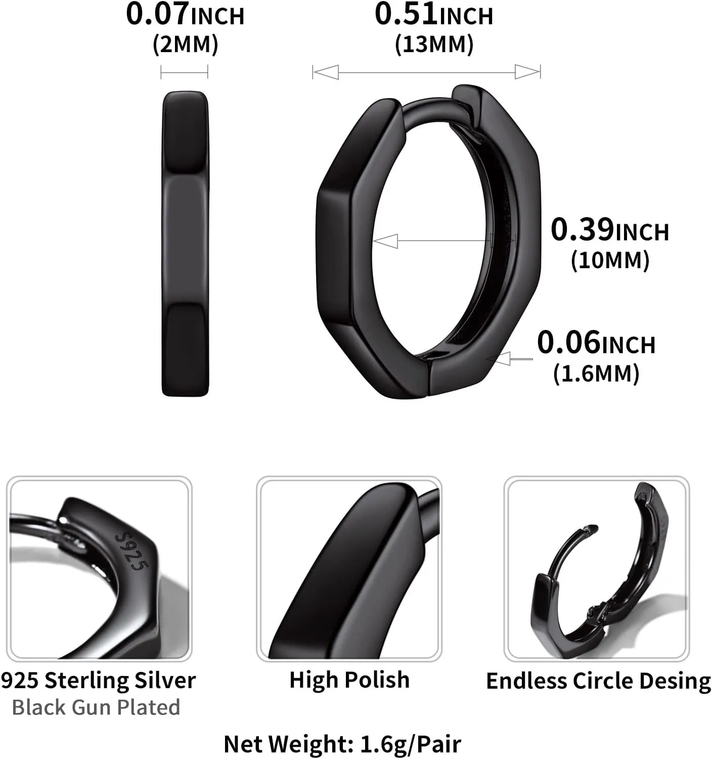 ChicSilver 925 Sterling Silver Cubic Zirconia Small Huggie Hoop Earrings for Women, Diameter 10MM, Silver/Gold/Rose Gold