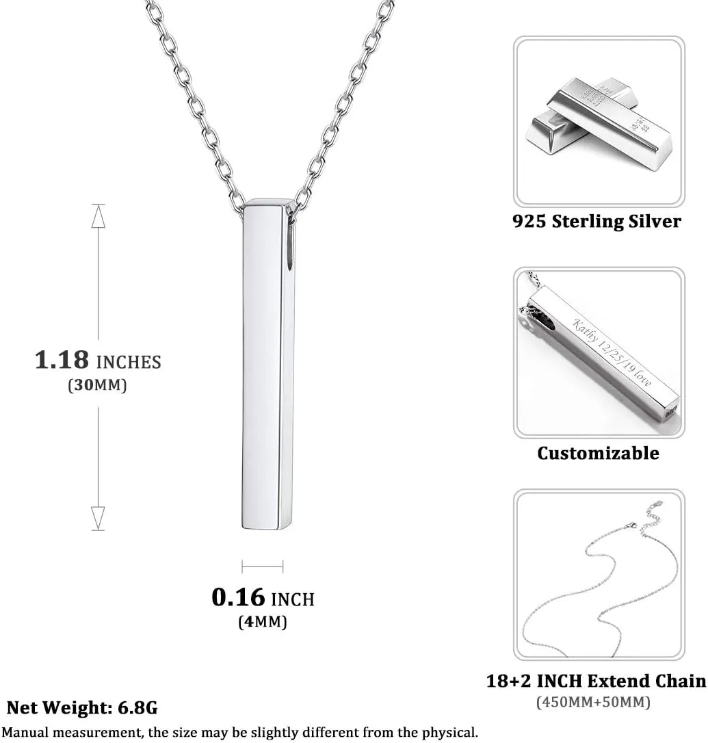 ChicSilver Customizable Vertical Bar Pendant Necklace 925 Sterling Silver Y Necklace Simple Fashion Jewelry Gifts for Women(with Gift Box)