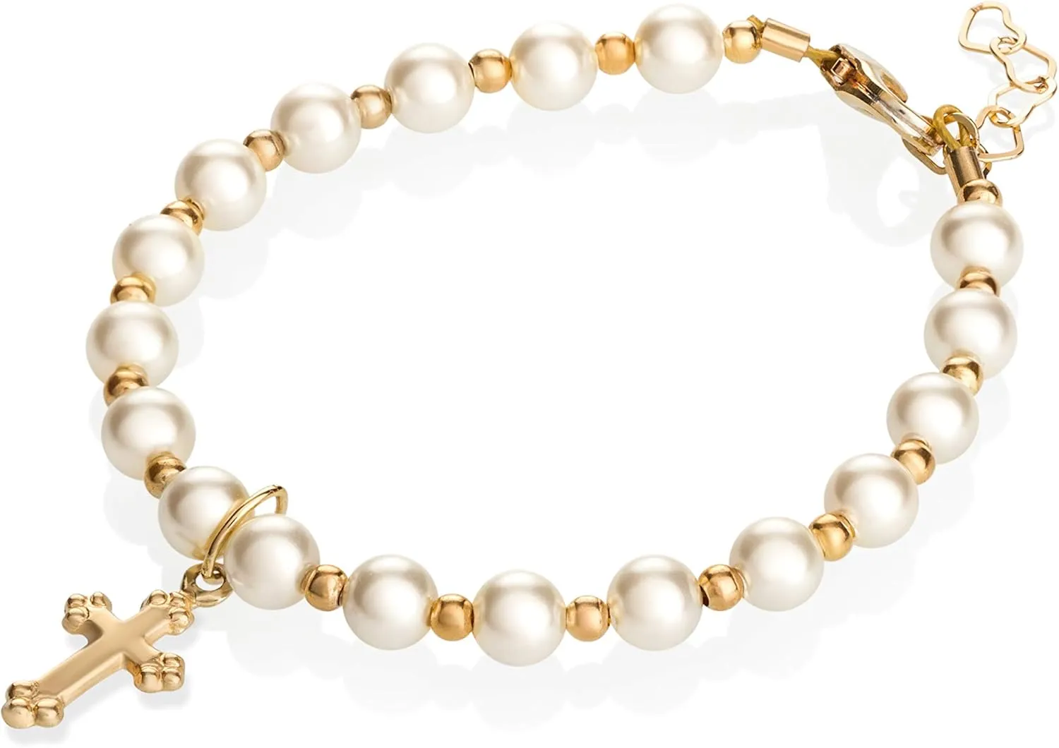 Christening 14KT Gold-Filled Beads | Cream European Simulated Pearls | Cross Charm Luxury Baby Bracelet | Baptism Unisex Child Bracelet