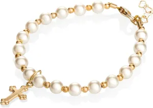 Christening 14KT Gold-Filled Beads | Cream European Simulated Pearls | Cross Charm Luxury Baby Bracelet | Baptism Unisex Child Bracelet
