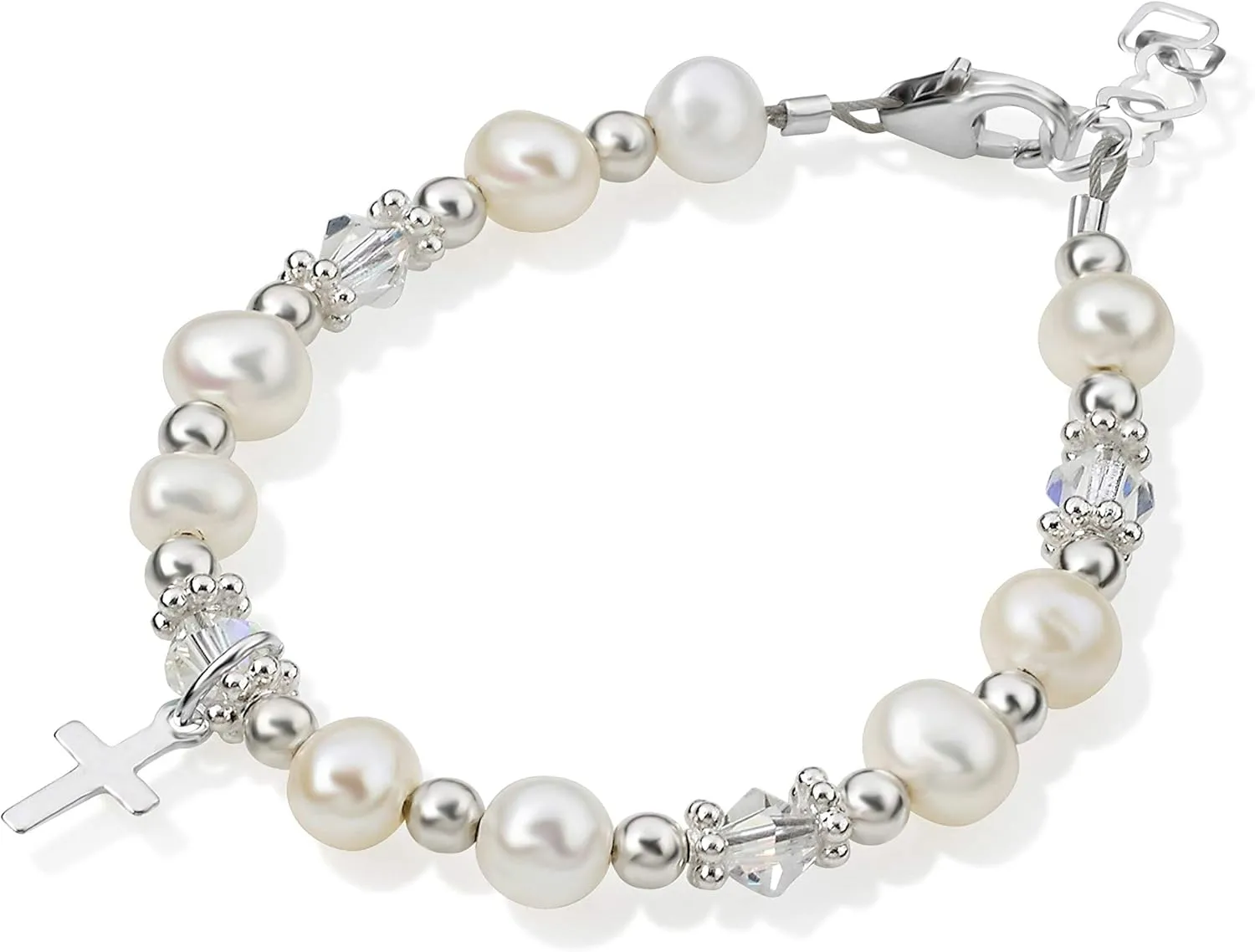 Christening Austrian Clear or Pink Crystals with Cultured Fresh Water Pearls and Sterling Silver Cross Charm Luxury Child Unisex Bracelet, Baptism,Communion (BFWC)