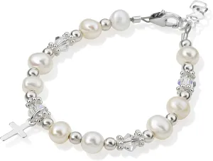Christening Austrian Clear or Pink Crystals with Cultured Fresh Water Pearls and Sterling Silver Cross Charm Luxury Child Unisex Bracelet, Baptism,Communion (BFWC)