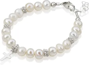 Christening White Cultured Fresh Water Pearls with Sterling Silver Cross Luxury Keepsake Unisex Baby Bracelet (BFWCD)