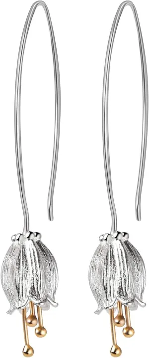 Christmas Gifts925 Sterling Silver Drop Earrings Natural Fresh Bell Flower Dangle Earrings, Handmade Unique Jewelry Gift for Women and Girls