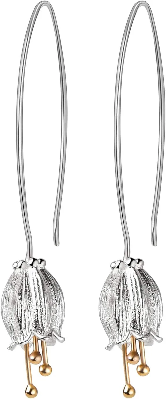 Christmas Gifts925 Sterling Silver Drop Earrings Natural Fresh Bell Flower Dangle Earrings, Handmade Unique Jewelry Gift for Women and Girls
