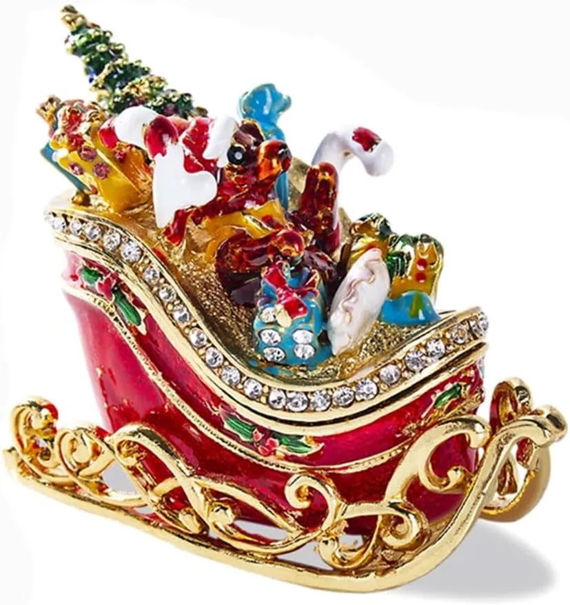 Christmas Sled Bear Trinket Boxes Enameled and Bejeweled Sleigh Figurine Hand Painted Sled Ornament Hinged Jewelry Ring Holder Kids Gift