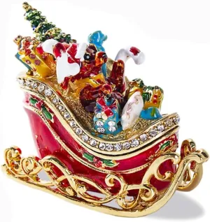 Christmas Sled Bear Trinket Boxes Enameled and Bejeweled Sleigh Figurine Hand Painted Sled Ornament Hinged Jewelry Ring Holder Kids Gift