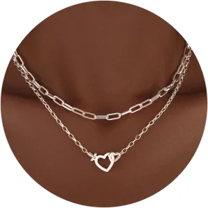 Chunky Gold Necklaces for Women Layered 14k Gold Silver Plated Heart Pearl Pendant Choker Necklace Trendy Dainty Stacked Paperclip Cuban Chain Simple Jewelry Valentine's Day Gifts Set
