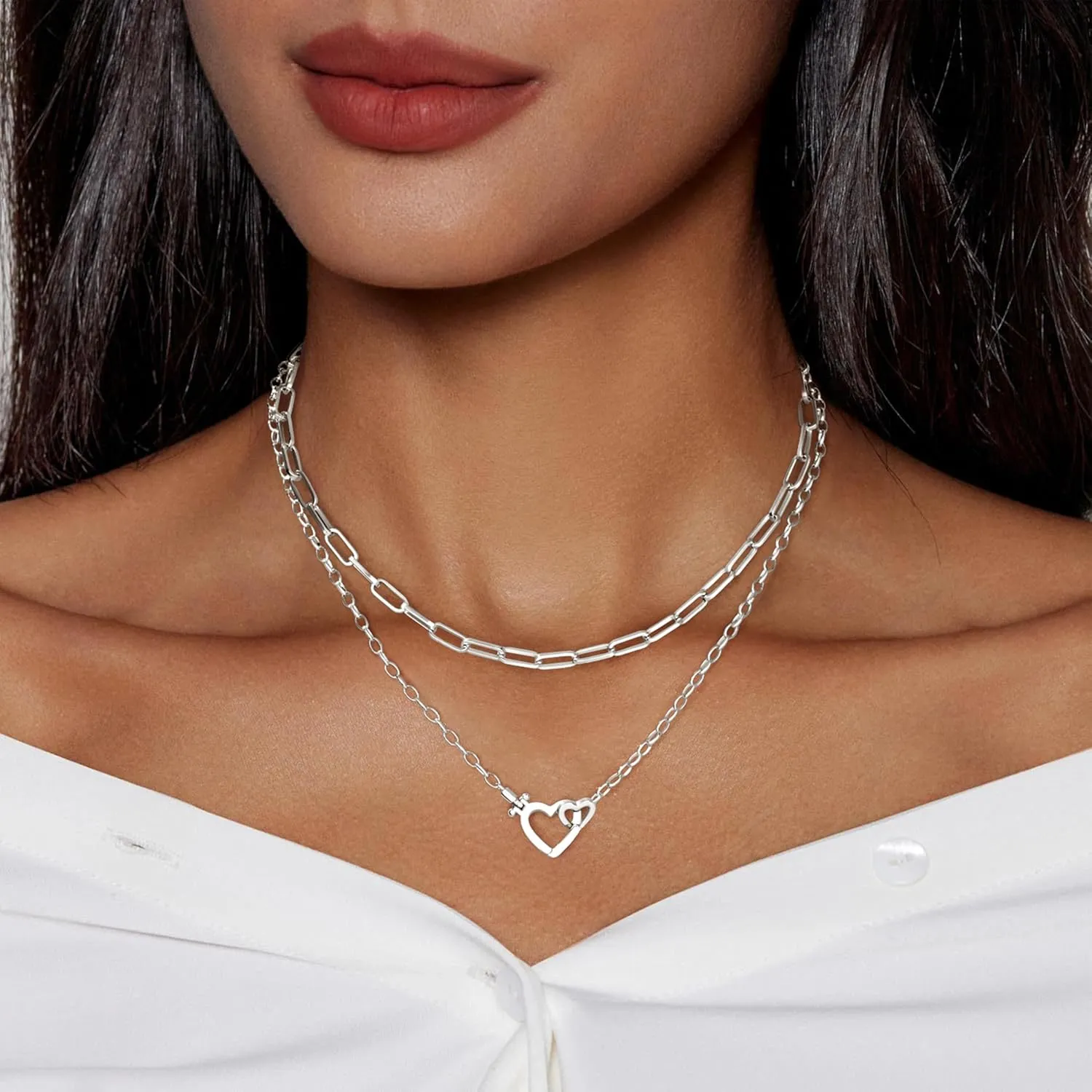 Chunky Gold Necklaces for Women Layered 14k Gold Silver Plated Heart Pearl Pendant Choker Necklace Trendy Dainty Stacked Paperclip Cuban Chain Simple Jewelry Valentine's Day Gifts Set