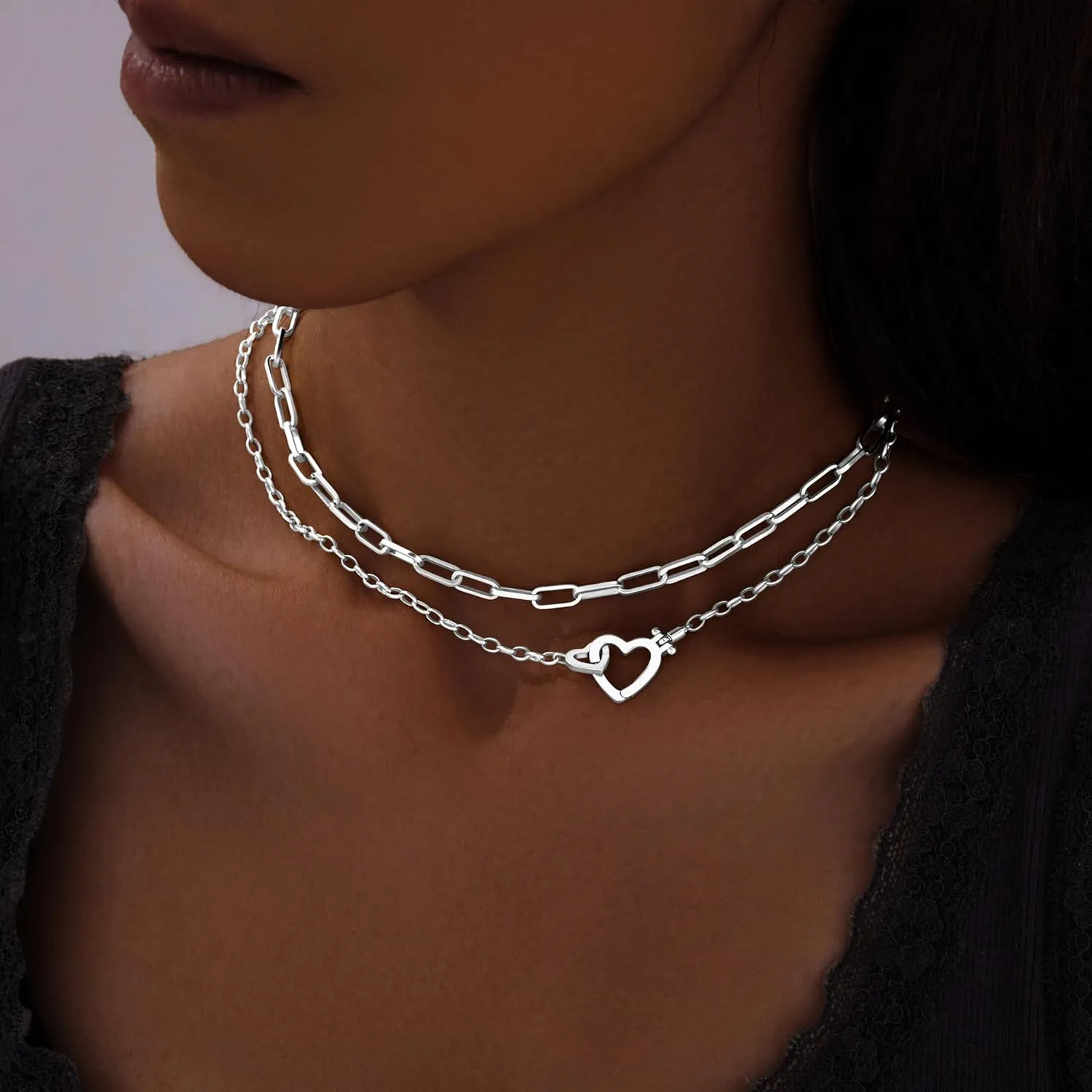 Chunky Gold Necklaces for Women Layered 14k Gold Silver Plated Heart Pearl Pendant Choker Necklace Trendy Dainty Stacked Paperclip Cuban Chain Simple Jewelry Valentine's Day Gifts Set