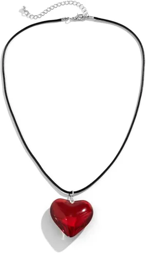 Chunky Heart Choker Necklace for Women - Colorful Big Glass Puffy Heart Necklace with Adjustable Velvet Chain, Y2K Aesthetic Grunge Jewelry Gifts for Teen Girls (Red Leather Chain)